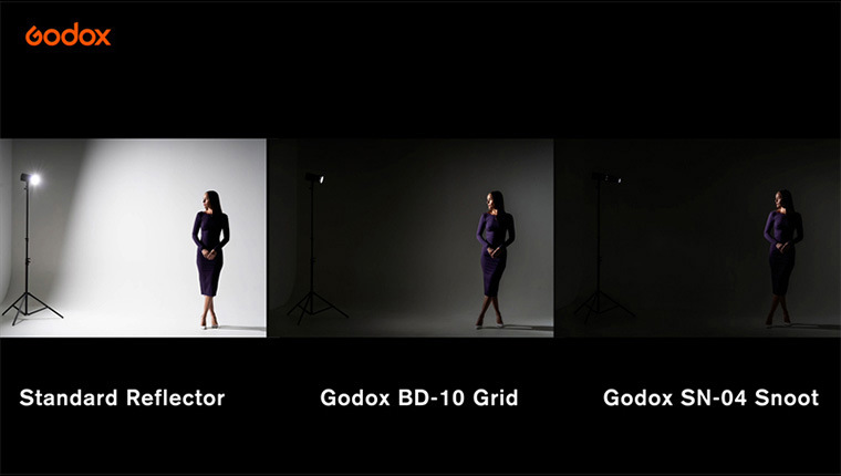 Three photos of a woman demonstrating the use of a standard reflector, grid, and snoot.