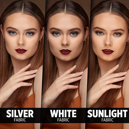 Three photos of a young woman demonstrating the use of silver, white, and sunlight frabic.