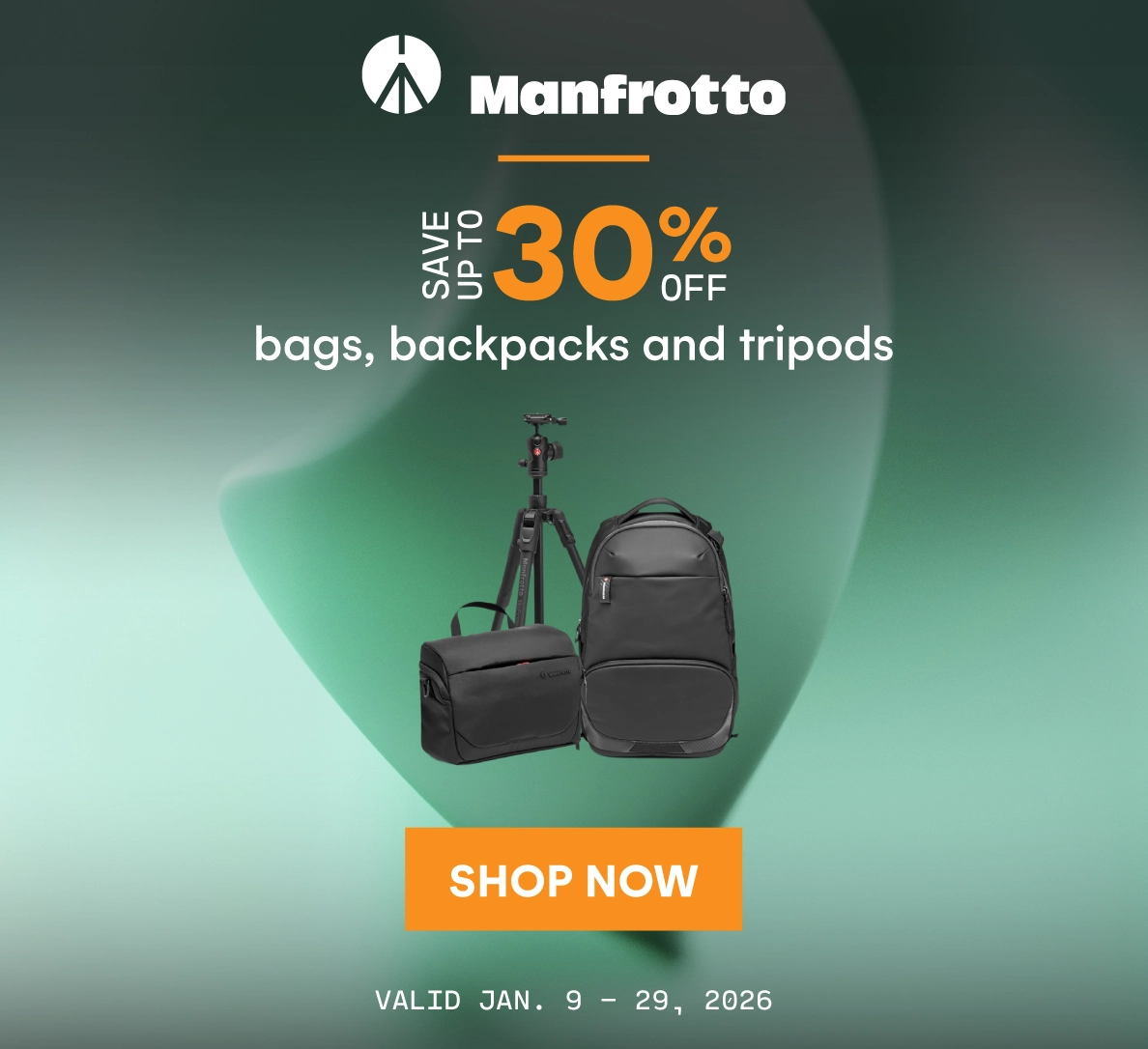 Save up to 30% on select Manfrotto bags, backpacks and tripods.