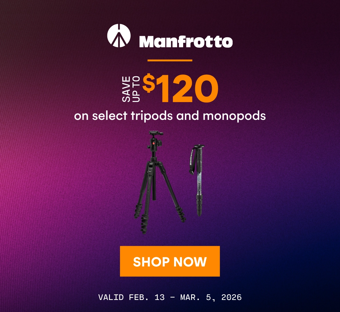 Save up to $120 on select Manfrotto tripods and monopods