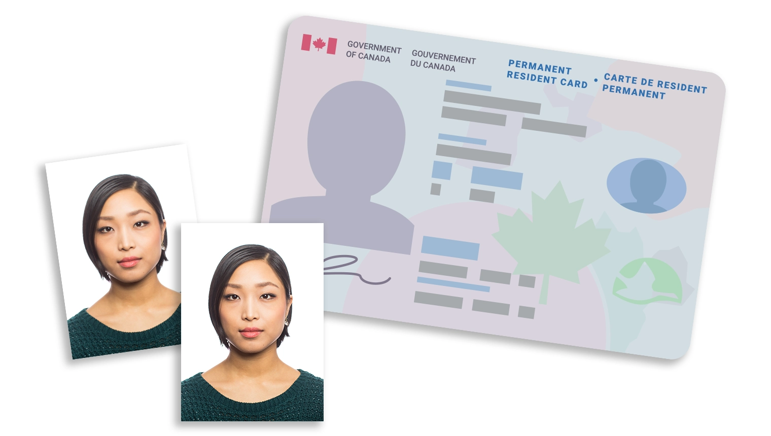 Permanent resident photo ID card and two photos