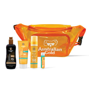 Orange Fanny Pack, Travel Size SPF 15 Spray Gel with Bronzer, Travel Size SPF 30 Lotion, SPF 50 Face & Scalp Mist, SPF 30 Lip Balm