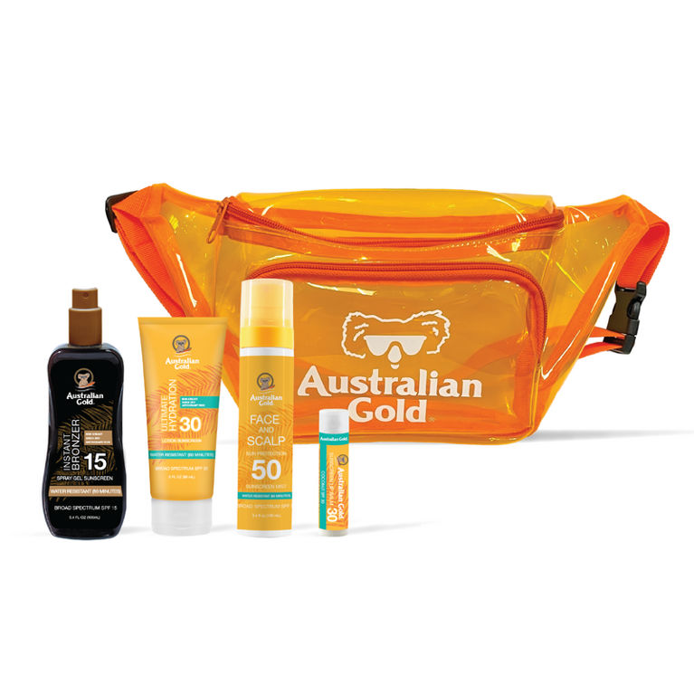 Orange Fanny Pack, Travel Size SPF 15 Spray Gel with Bronzer, Travel Size SPF 30 Lotion, SPF 50 Face & Scalp Mist, SPF 30 Lip Balm