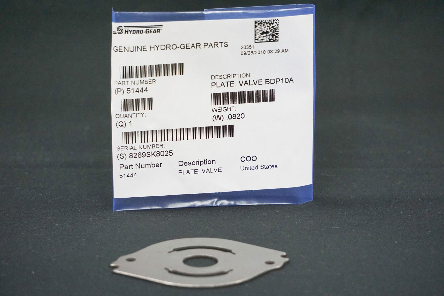 PLATE; VALVE BDP10A