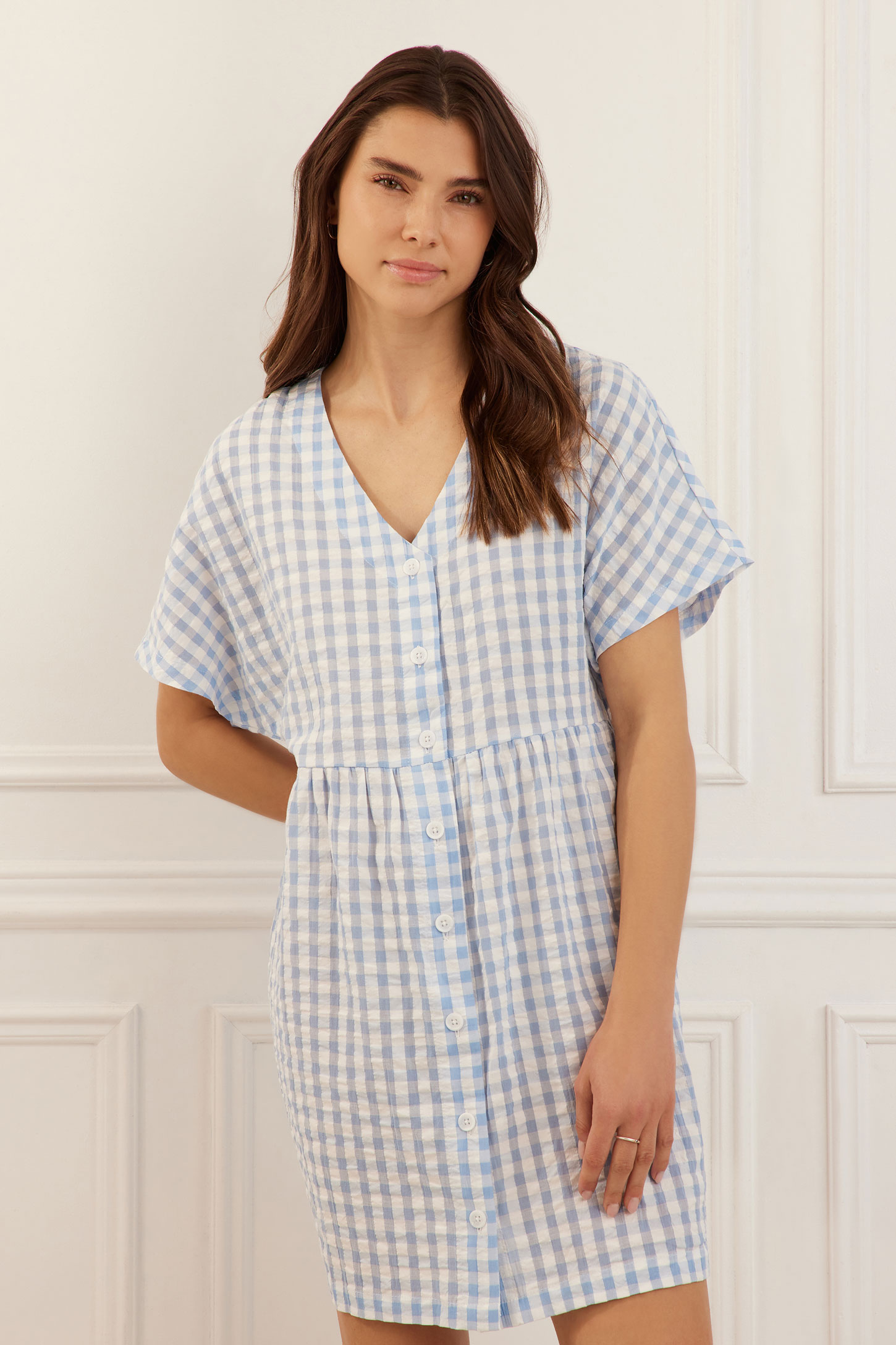 Robe manches courtes dolman à carreaux en coton - Femme | Aubainerie