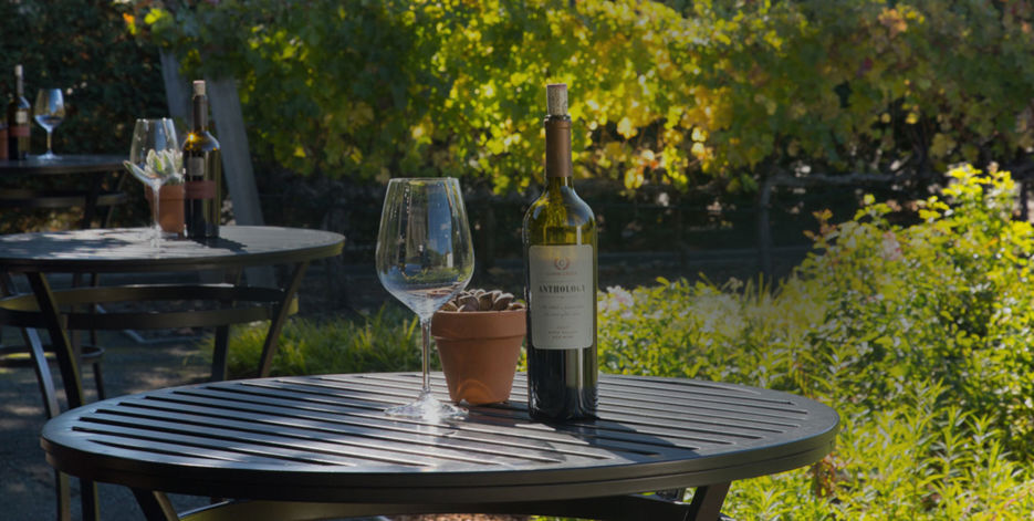 Bottle of Anthology set up on an outdoor table for a tasting