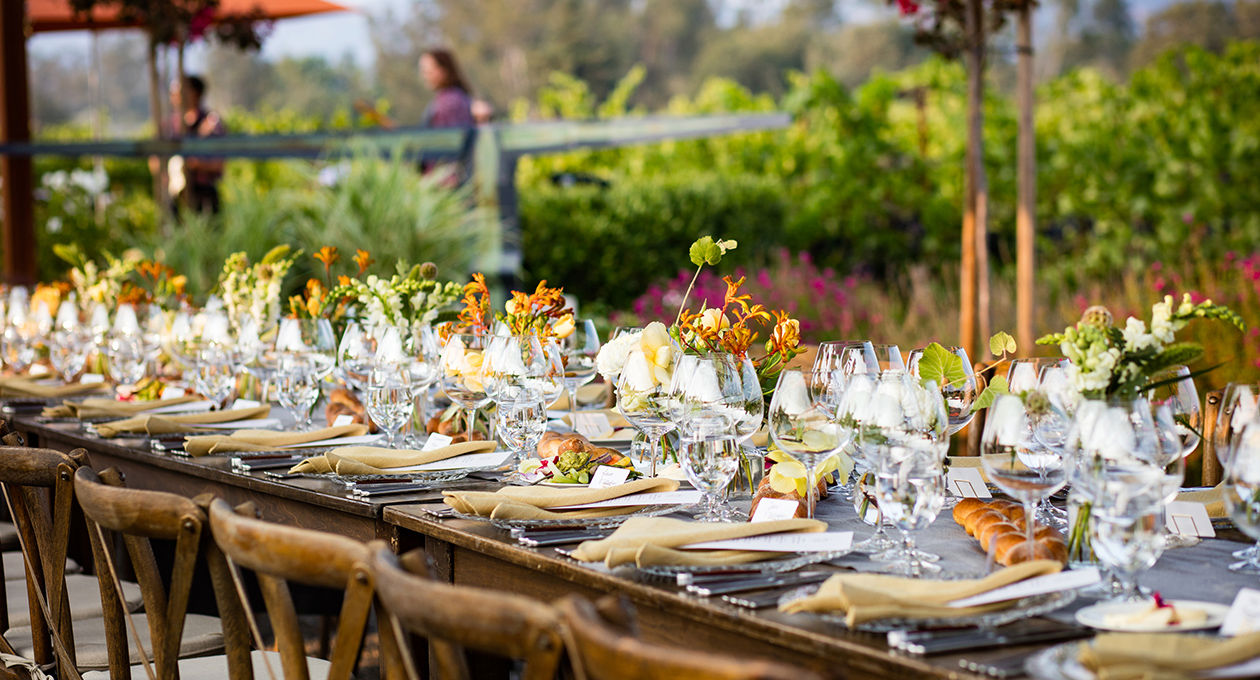 A table set up outdoors with vineyards in the background