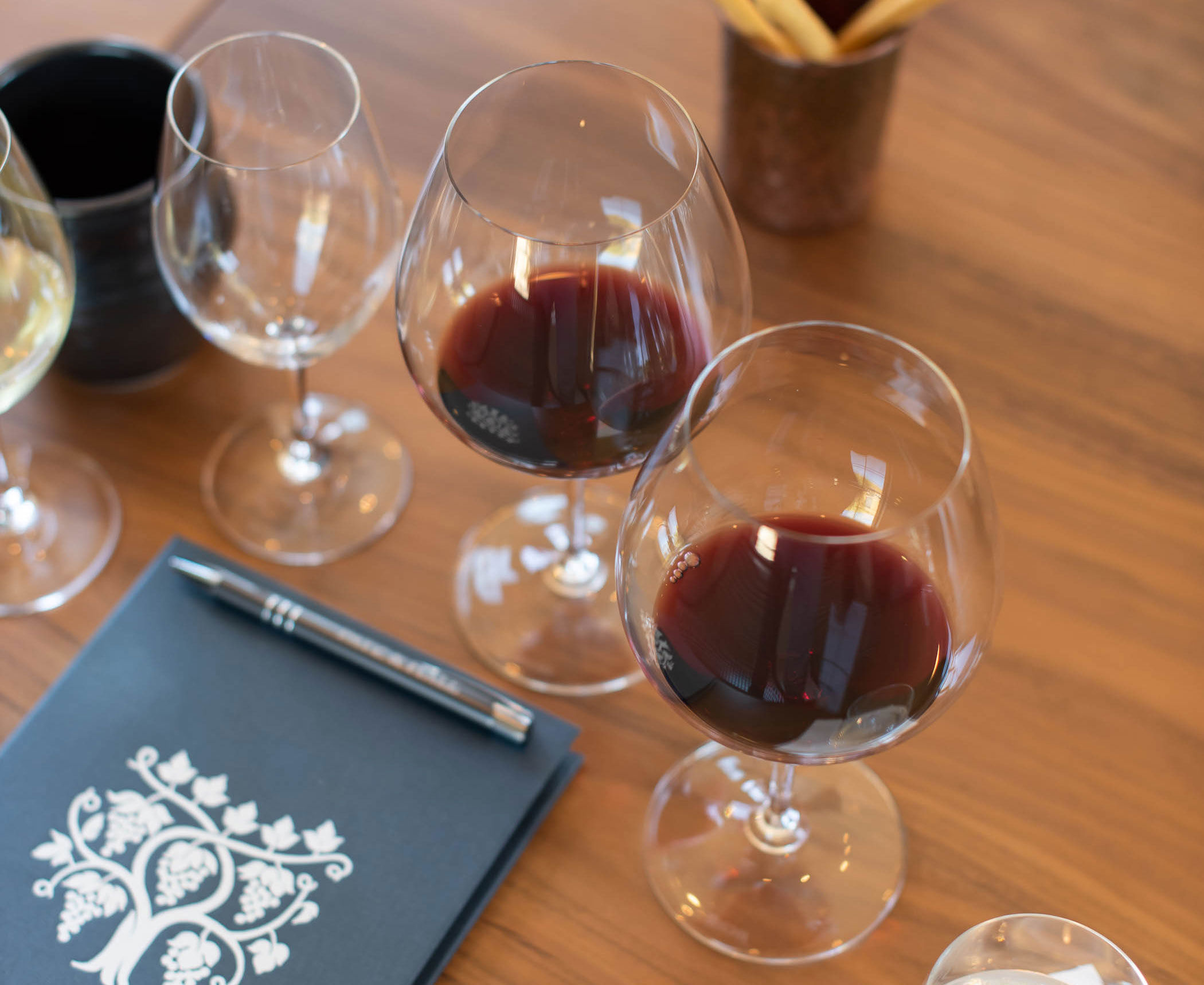 Glasses of red wine set up for a tasting