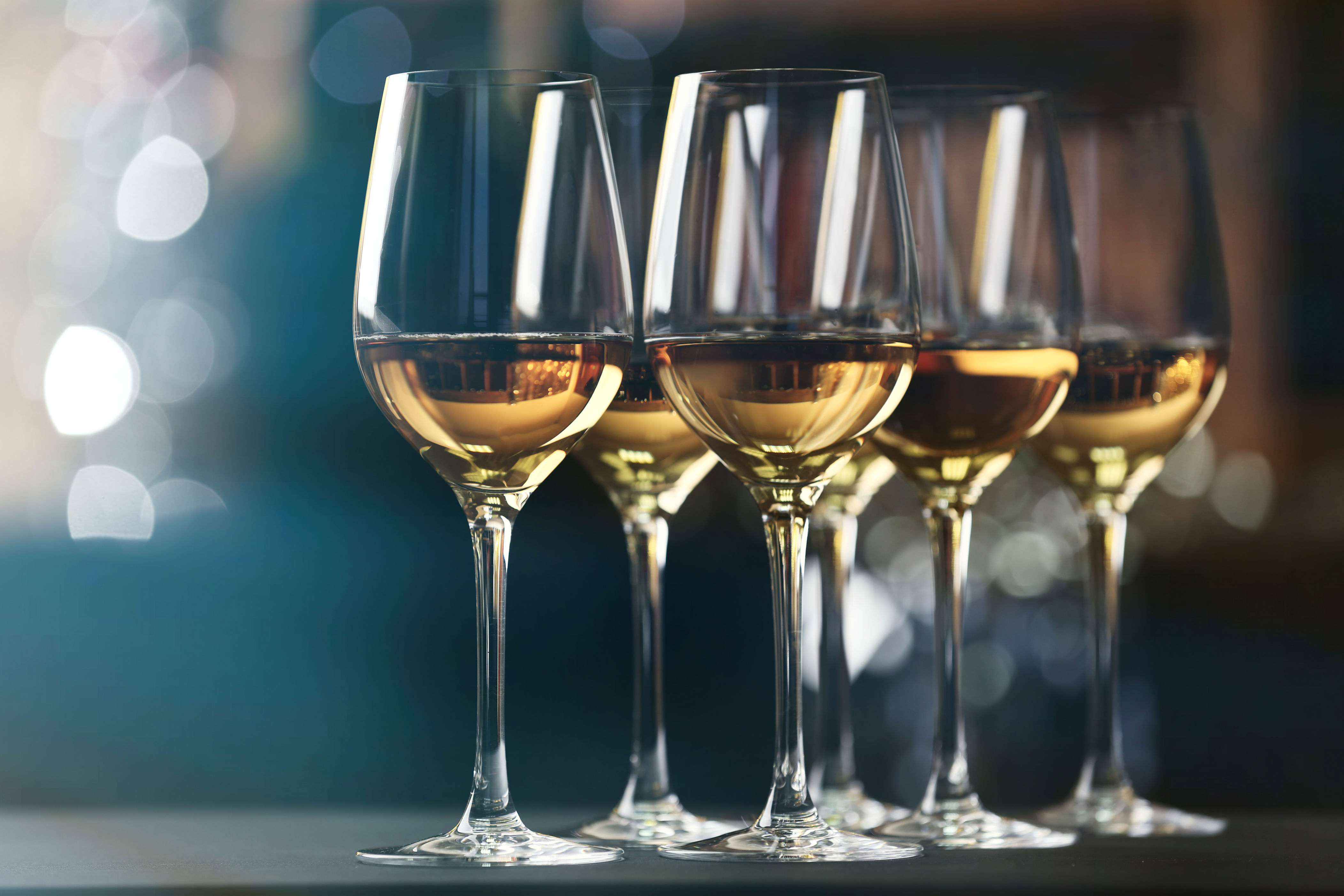 Glasses of white wine set up for a tasting