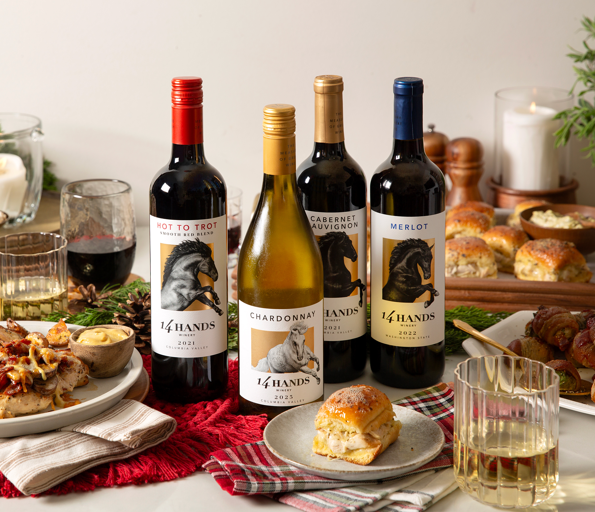 wines on a table with food