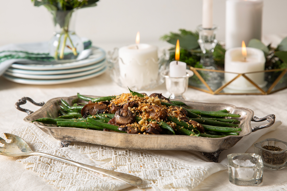 Green Beans and Mushrooms with Crispy Sage Breadcrumbs