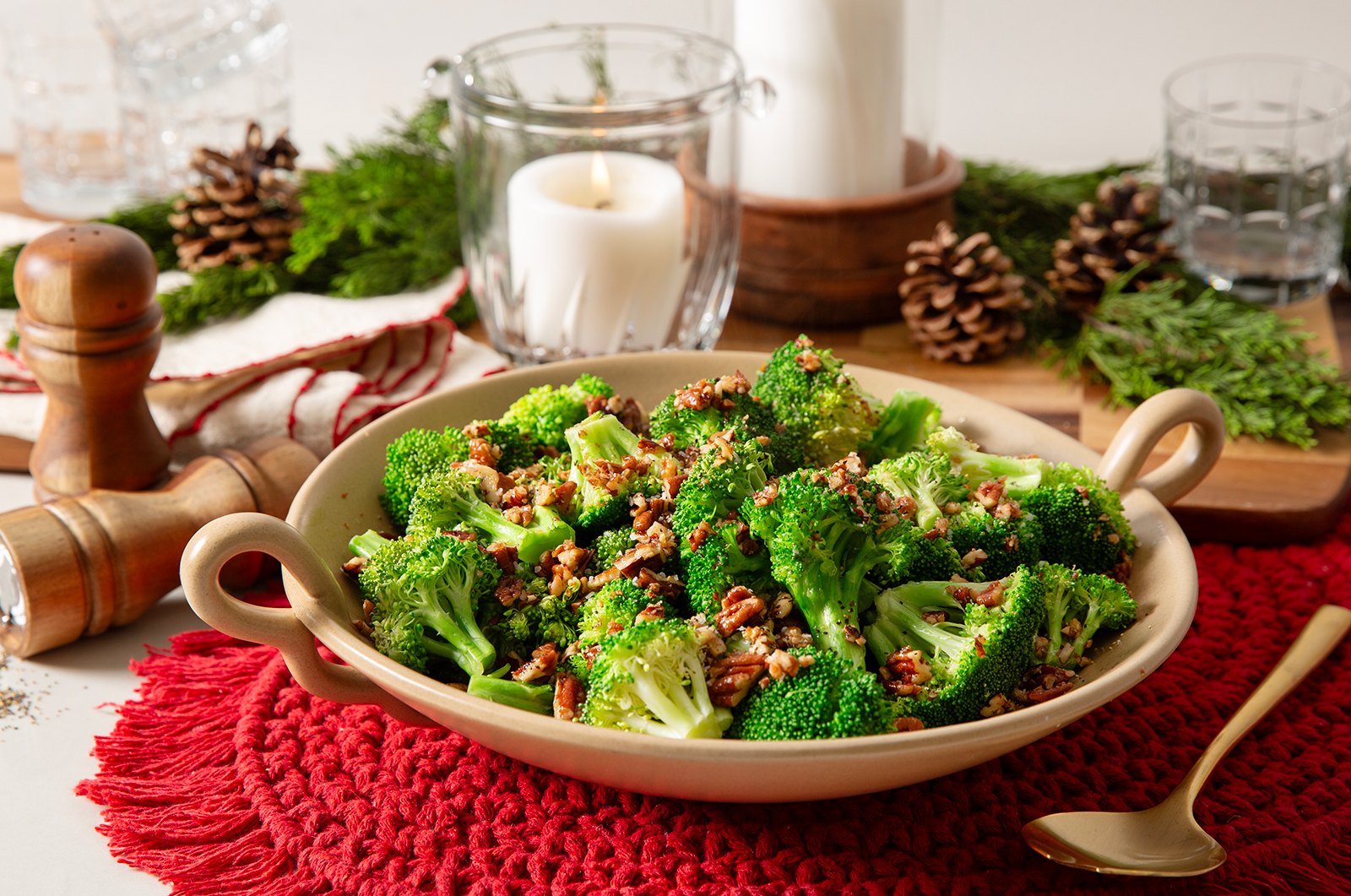 Plate of Browned Butter Broccoli with Pecans