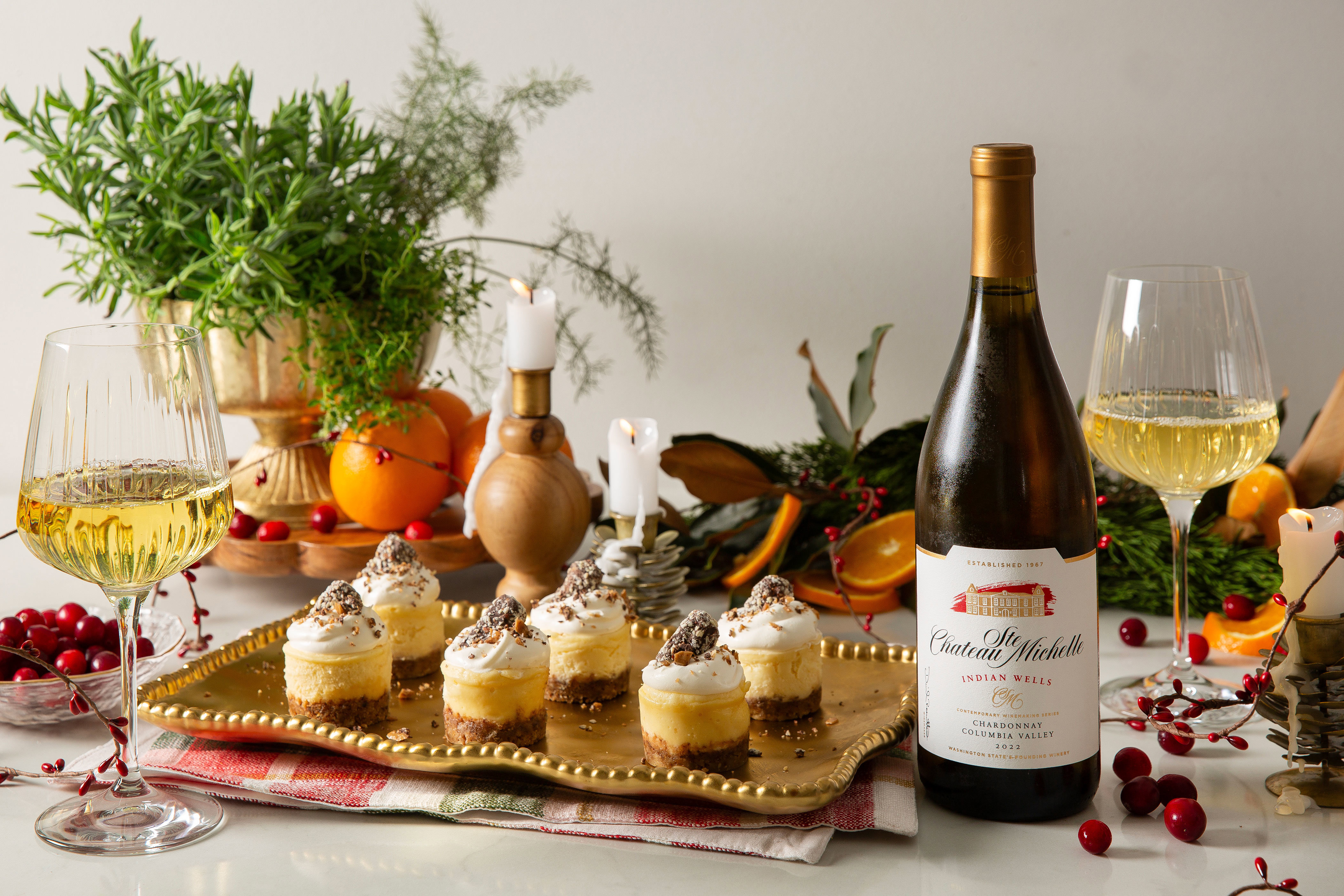 Almond Roca mini cheesecakes with a bottle of Indian Wells Chardonnay
