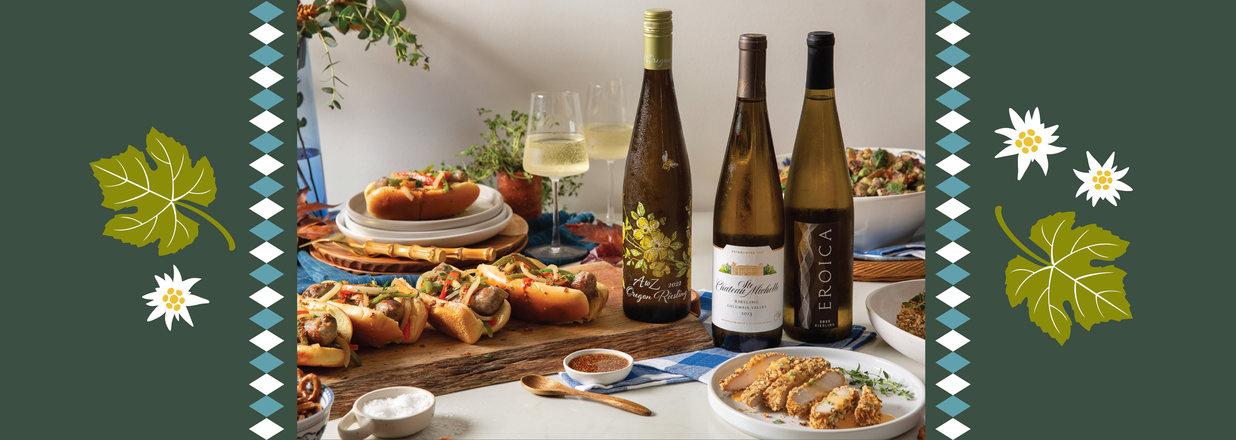 Bottles of riesling wine on a table with food