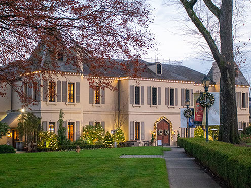 Chateau Ste. Michelle decorated with Christmas lights