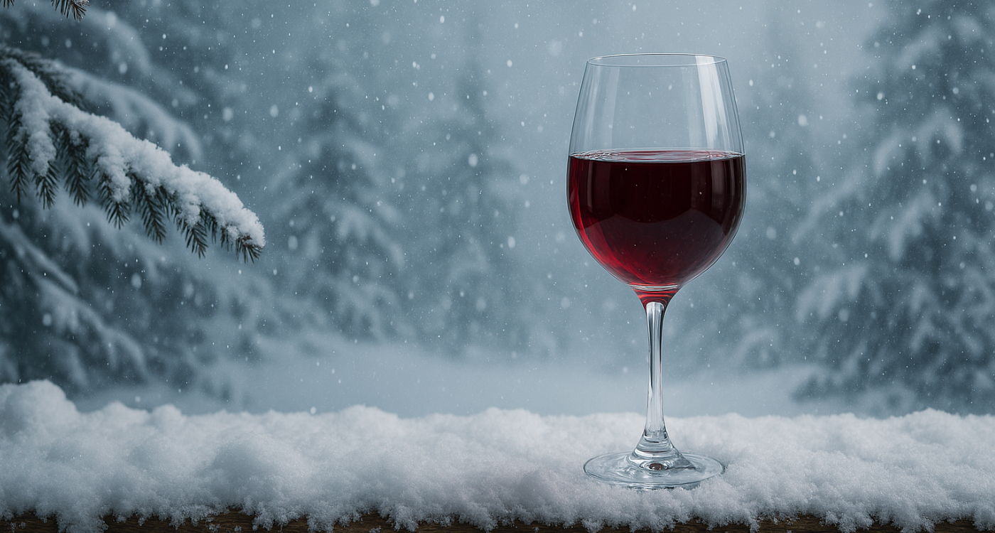 Glass of red wine in the snow