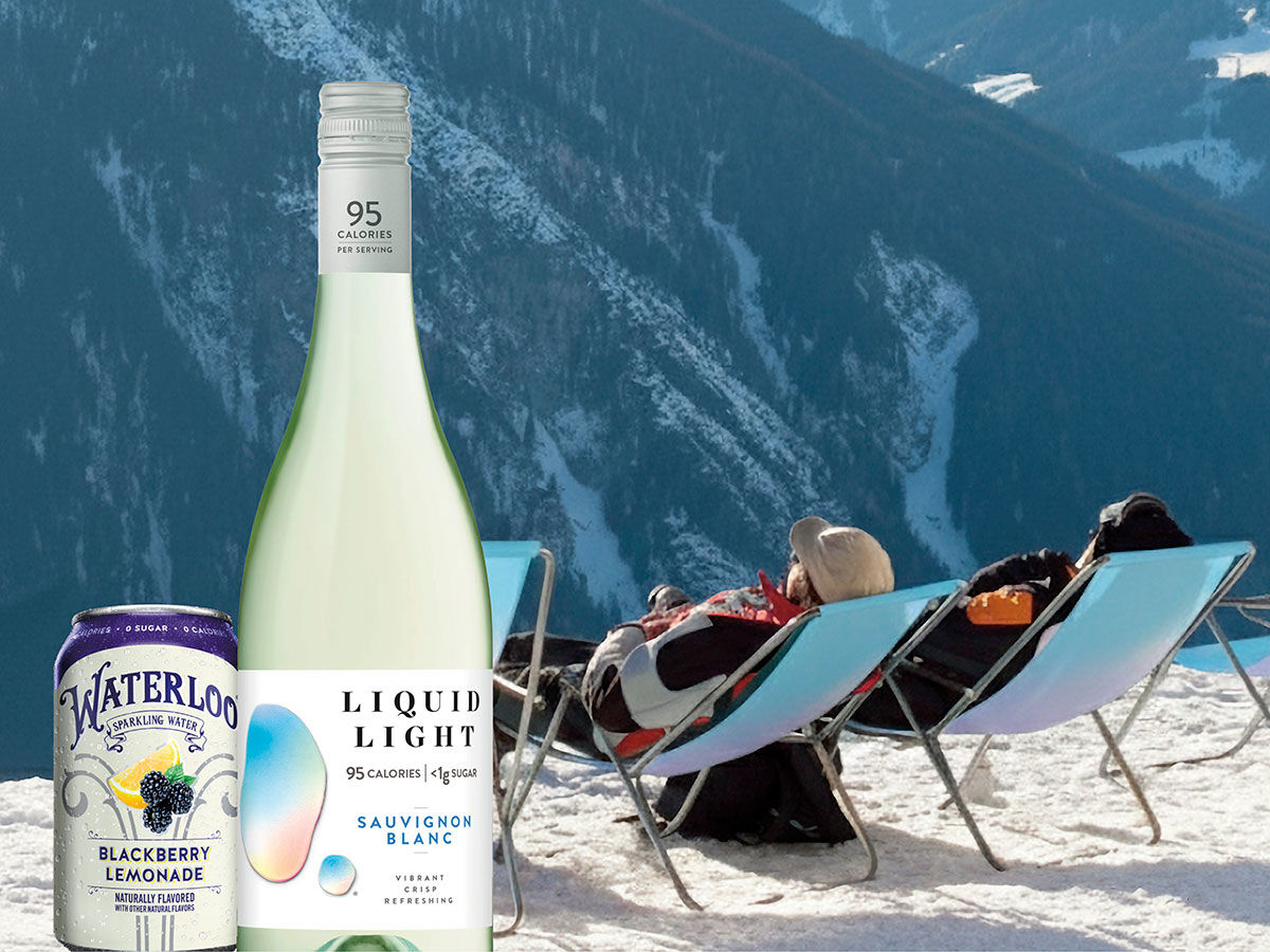People relaxing in the snowy mountains with Liquid Light and Waterloo Blackberry Lemonade