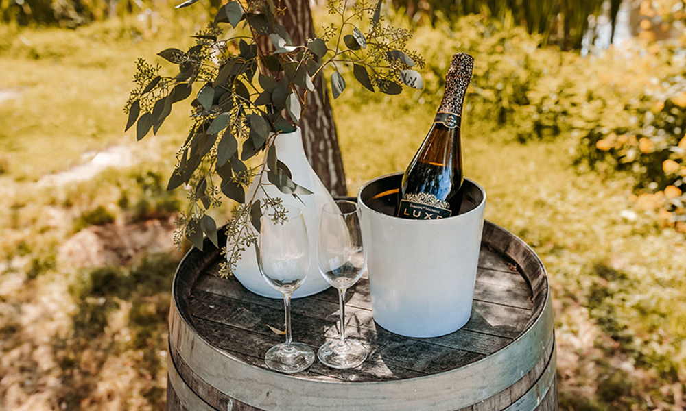 Bottle of Luxe set up outside for a proposal