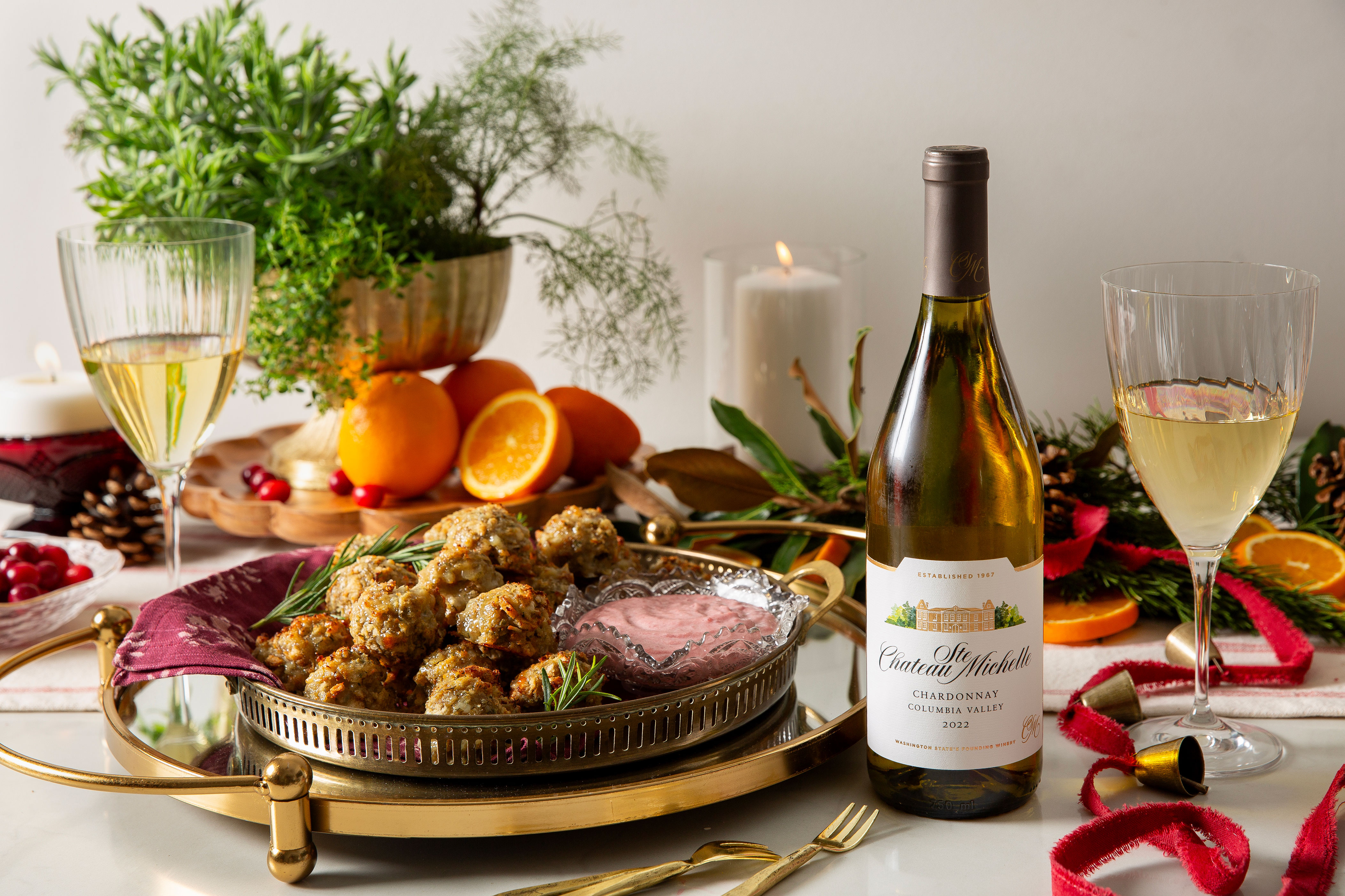 Turkey-Stuffing Bites and a bottle of Chardonnay