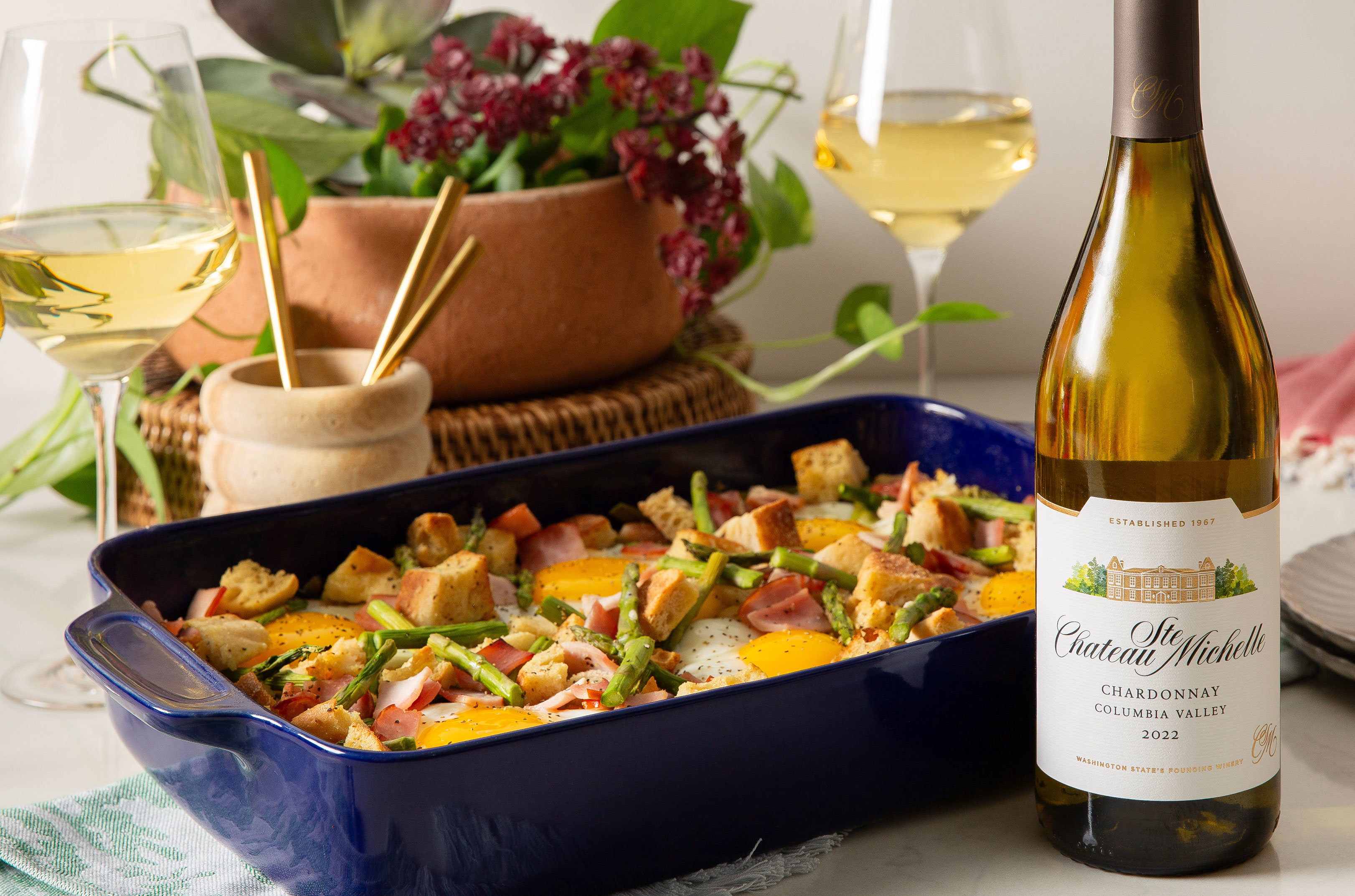 Strata dish and a bottle of Chardonnay