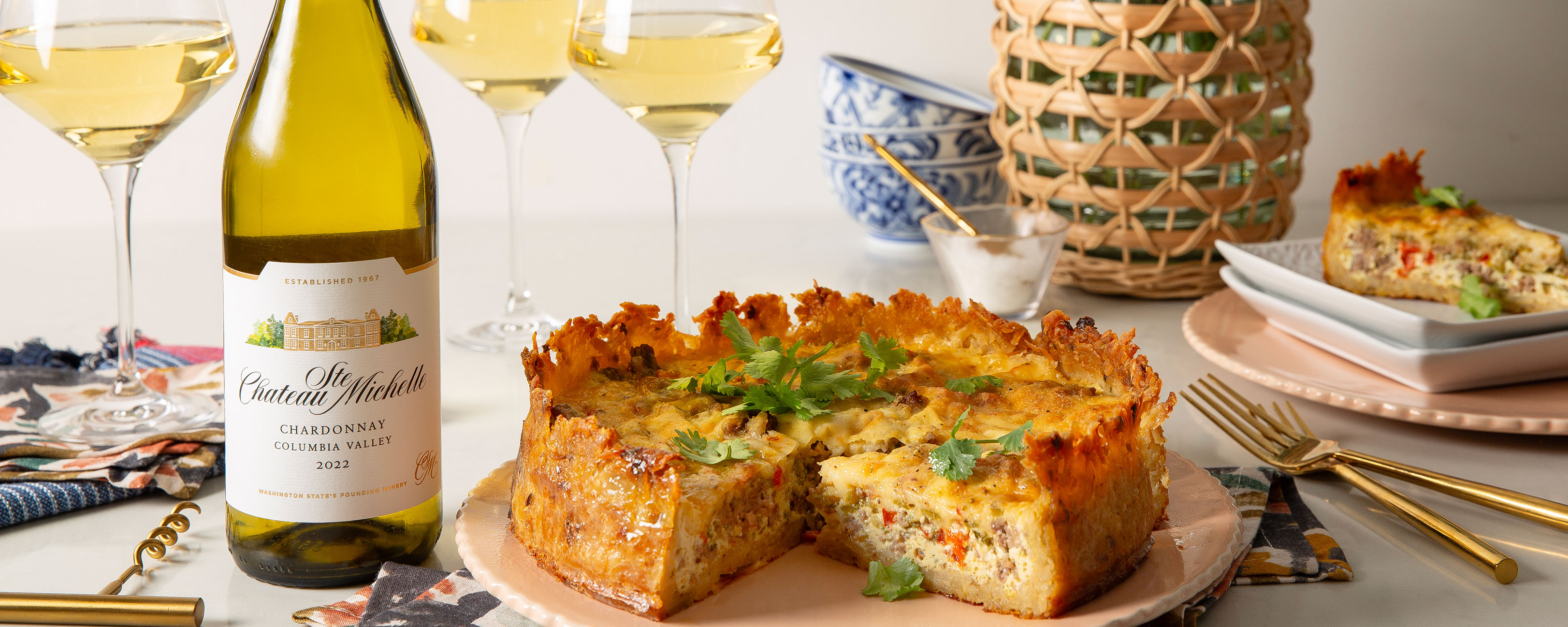 Crispy Hashbrown Quiche and a Bottle of Chardonnay