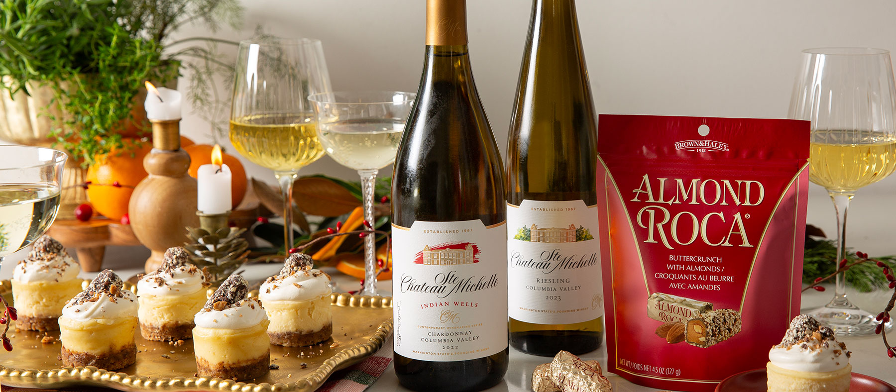 Mini cheesecakes, two bottles of Indian Wells and a package of Almond Roca