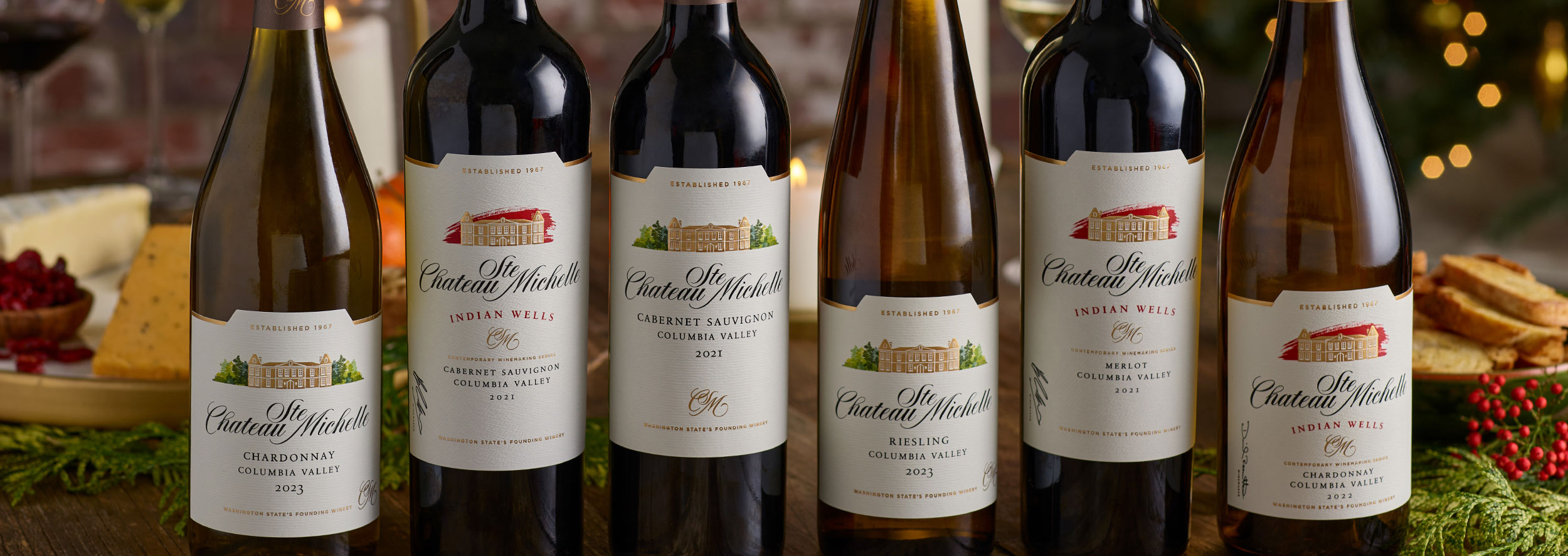 Bottles of Chateau Ste. Michelle wine on a festive table