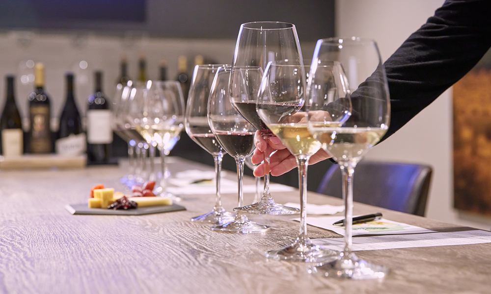 Multiple glasses of wine with an appetizer