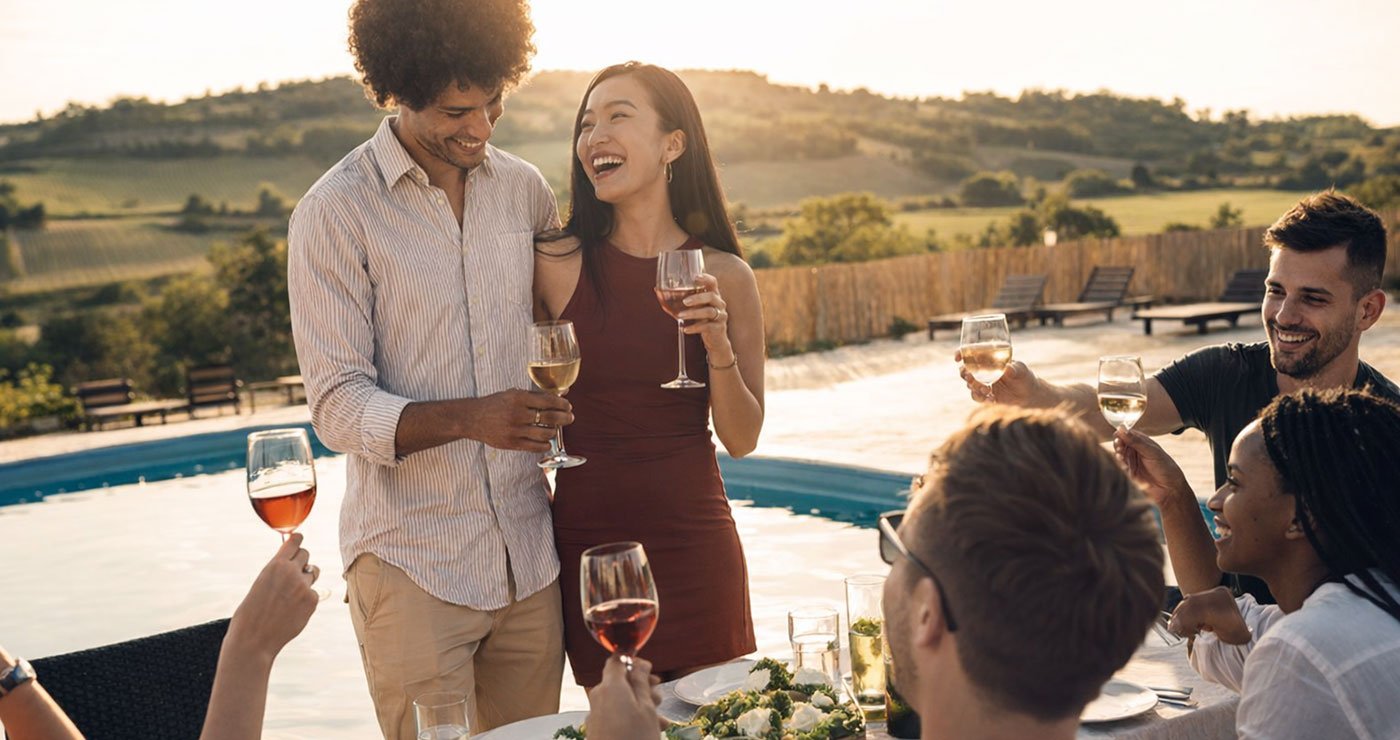 Woman holding up a glass of wine and smiling