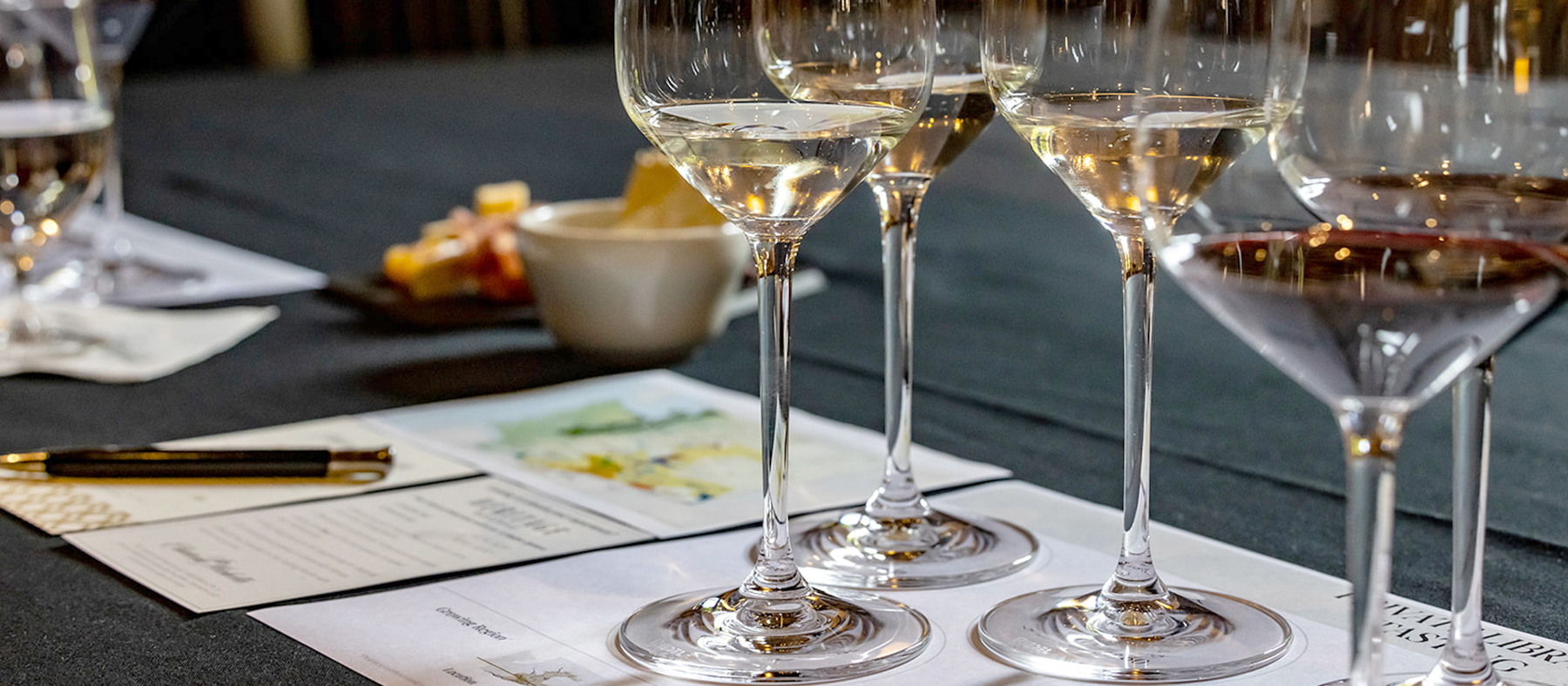 Wine glasses on a tasting mat