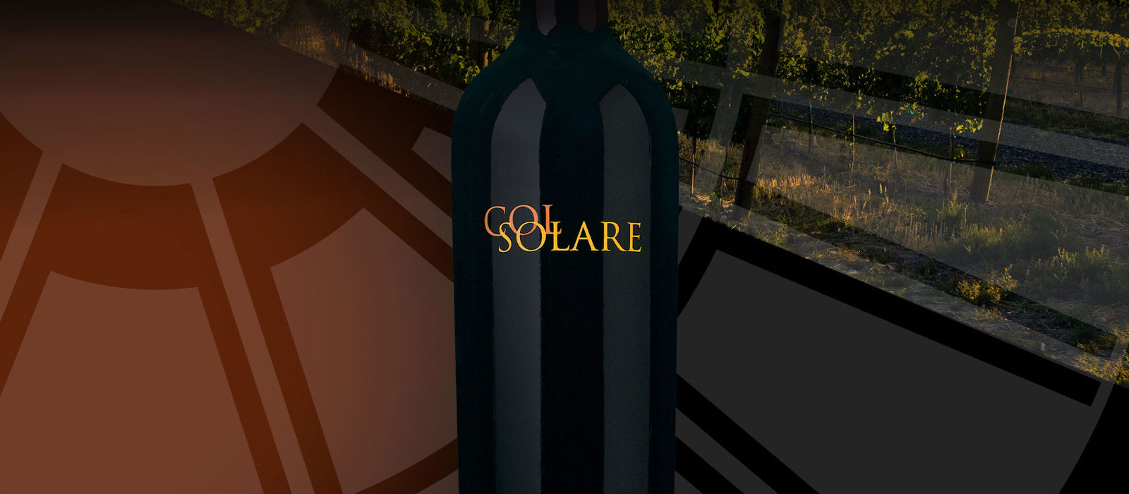 A bottle of Col Solare wine against a vineyard background