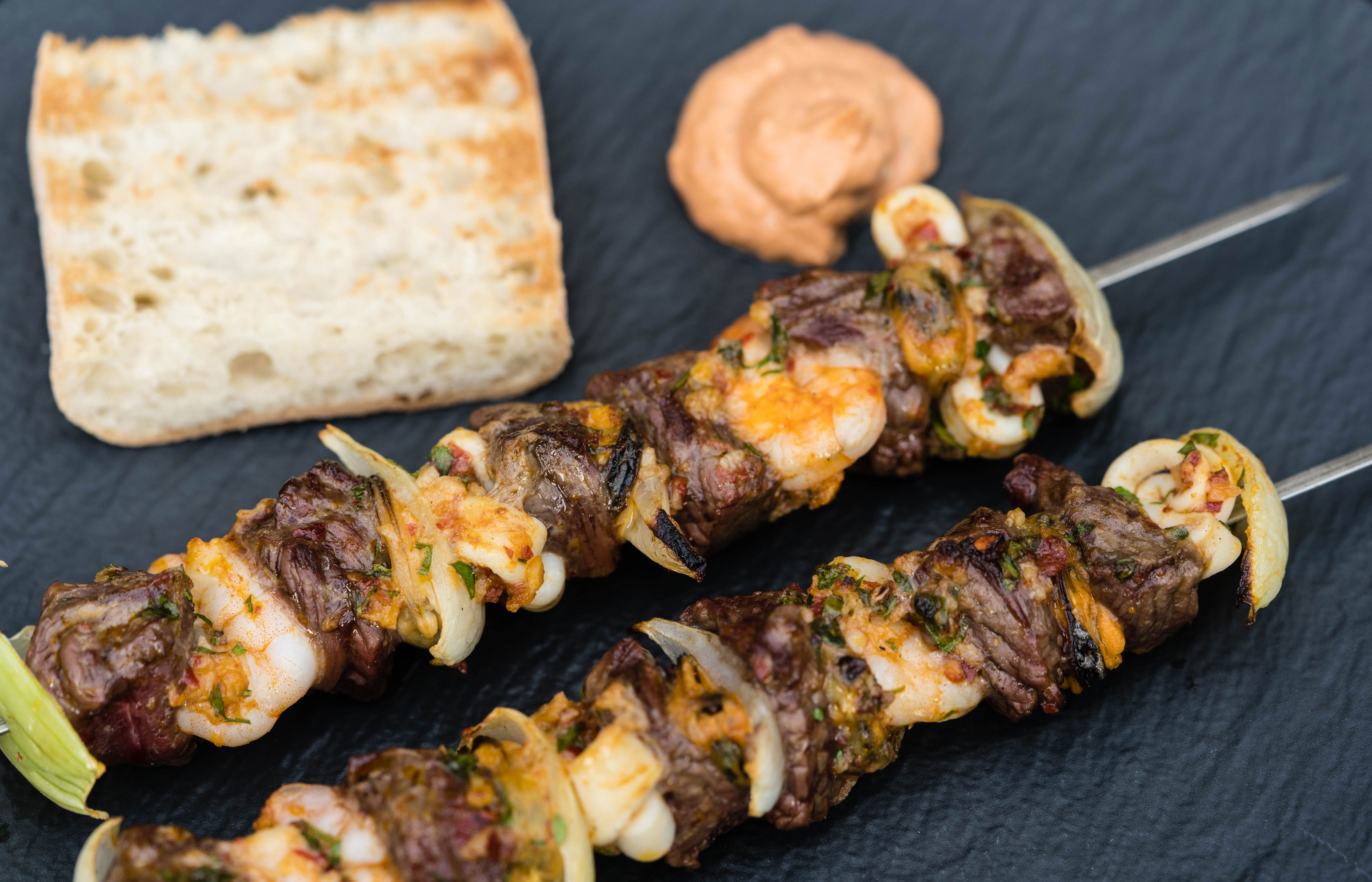 Surf n' Turf Skewers with juicy sirloin steak pieces and succulent shrimp, best paired with Columbia Crest Grand Estates Chardonnay White Wine