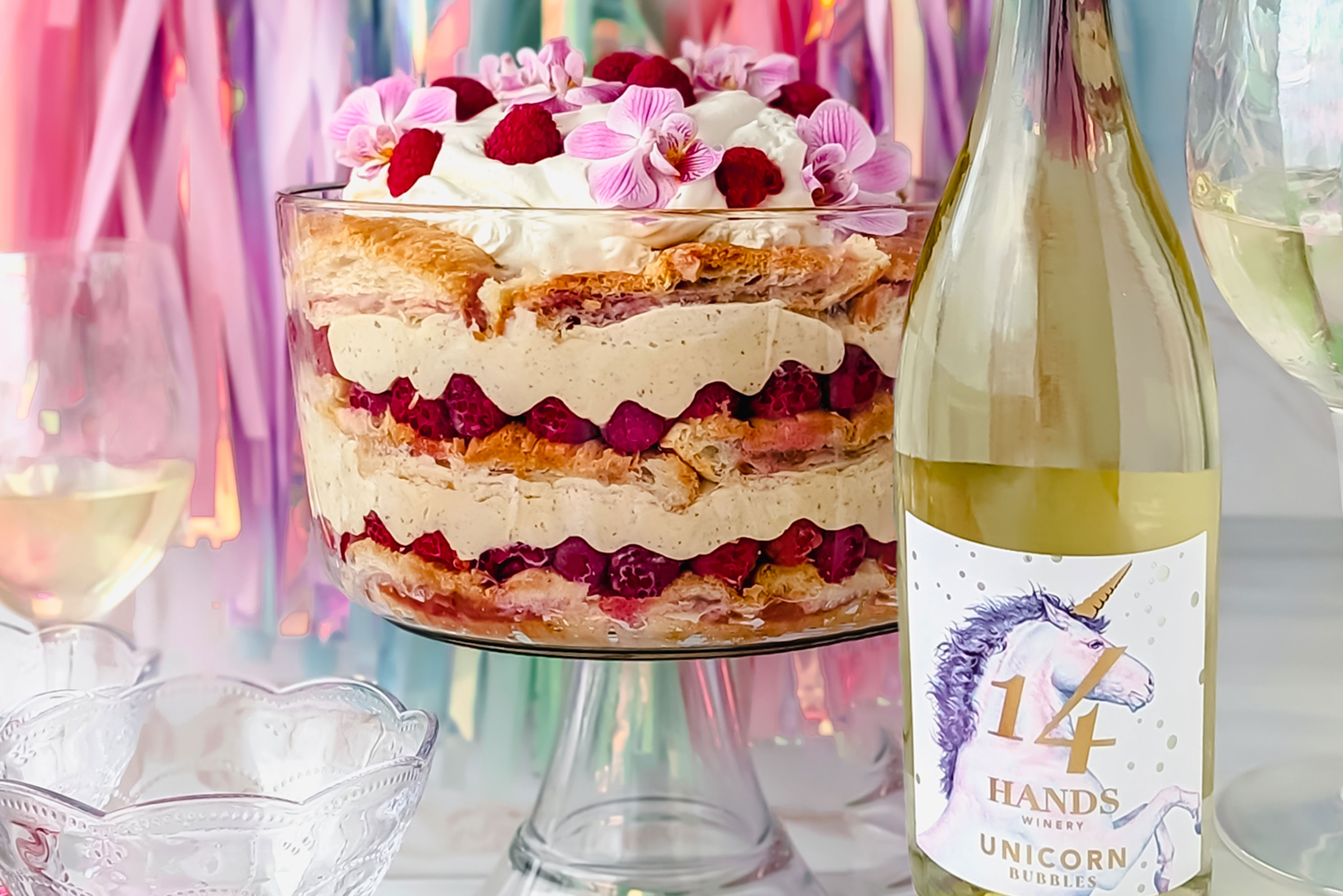 Croissant Trifle and a bottle of 14 Hands Unicorn Bubbles