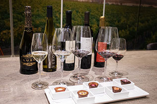 Glasses of wine set up with chocolates for a tasting