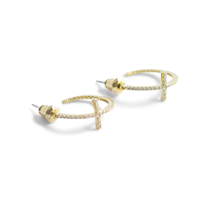 CUBIC ZIRCONIA CROSS HOOP EARRING GOLD