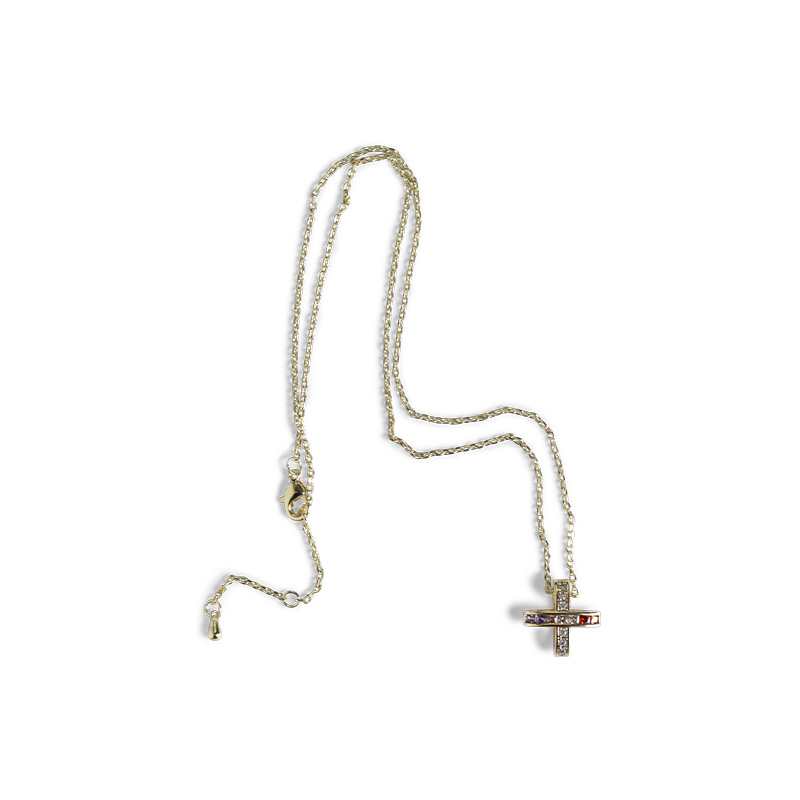 CROSS NECKLACE W/ COLORED RHINESTONE PENDANT