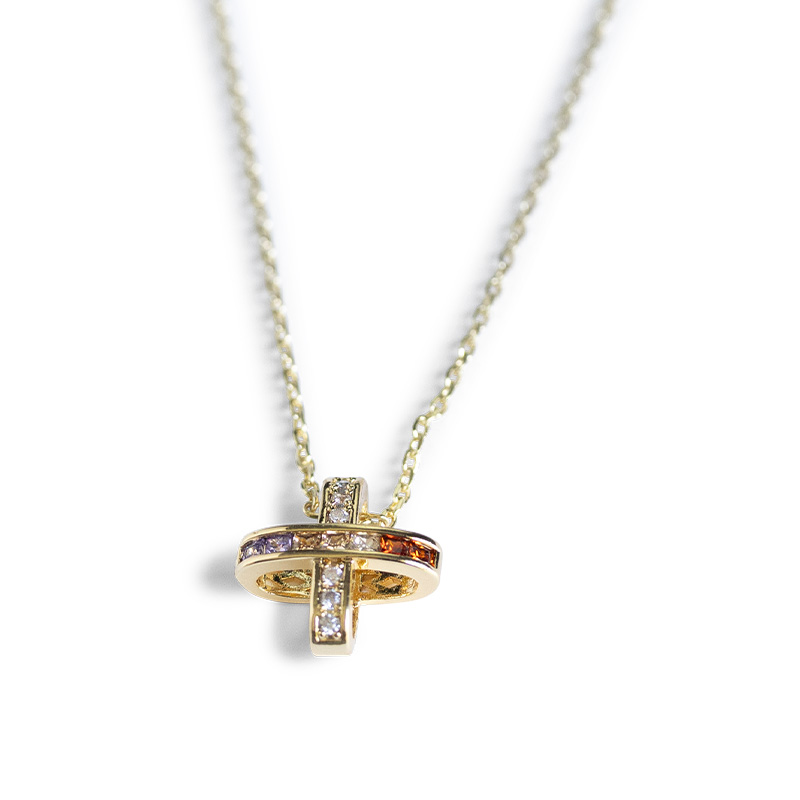 CROSS NECKLACE W/ COLORED RHINESTONE PENDANT