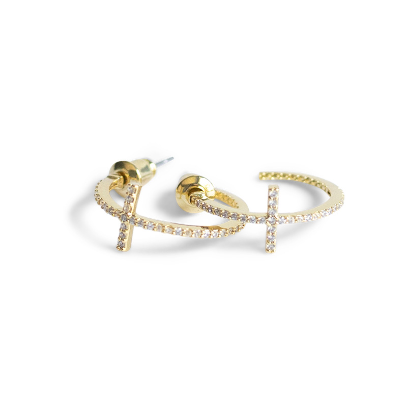 CUBIC ZIRCONIA CROSS HOOP EARRING GOLD