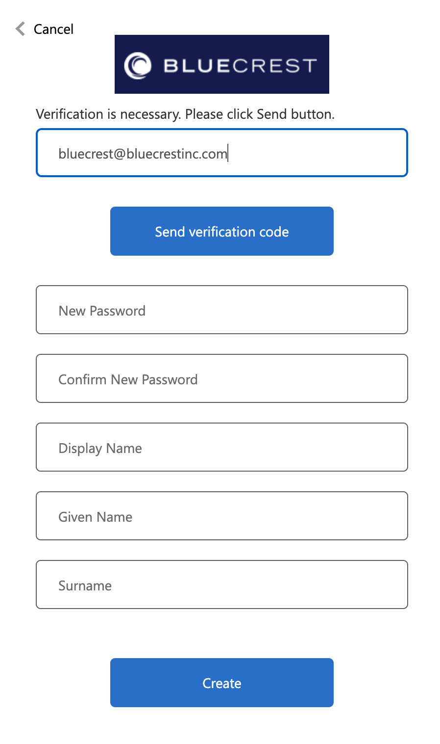 Step 2 to creating a password for ShopBlueCrest