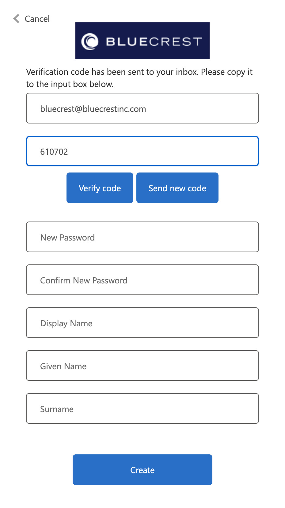 Step 4 to creating a password for ShopBlueCrest