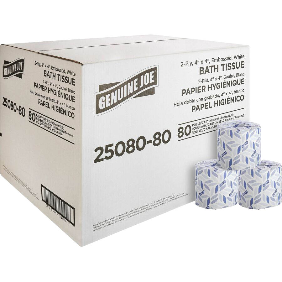 4 X 4  White Genuine Joe  2-Ply Embossed Roll Bath Tissue  80 RL/CT