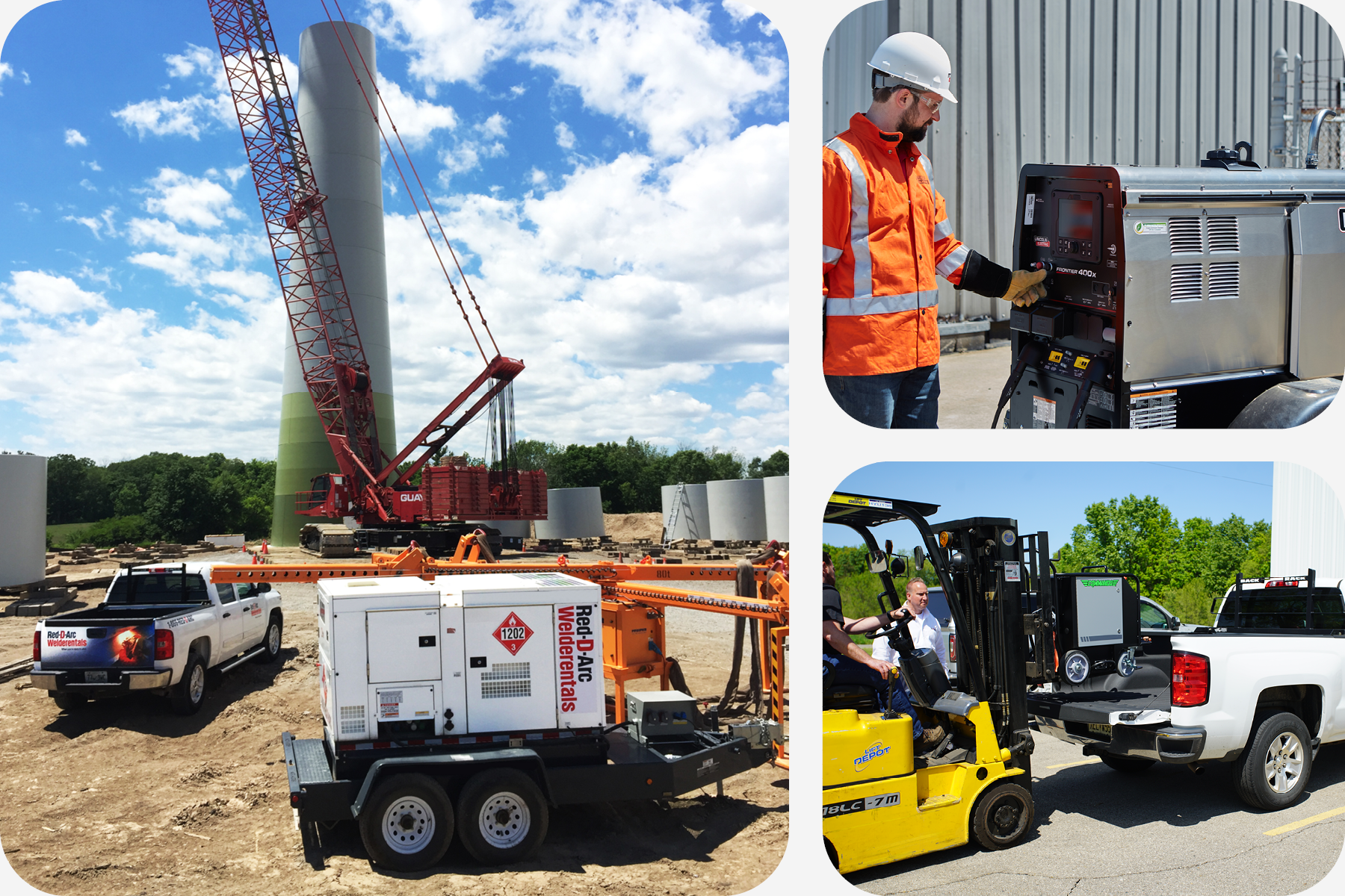 A collection of images showcasing various jobsites, welding equipment, an industrial power generator, and equipment delivery