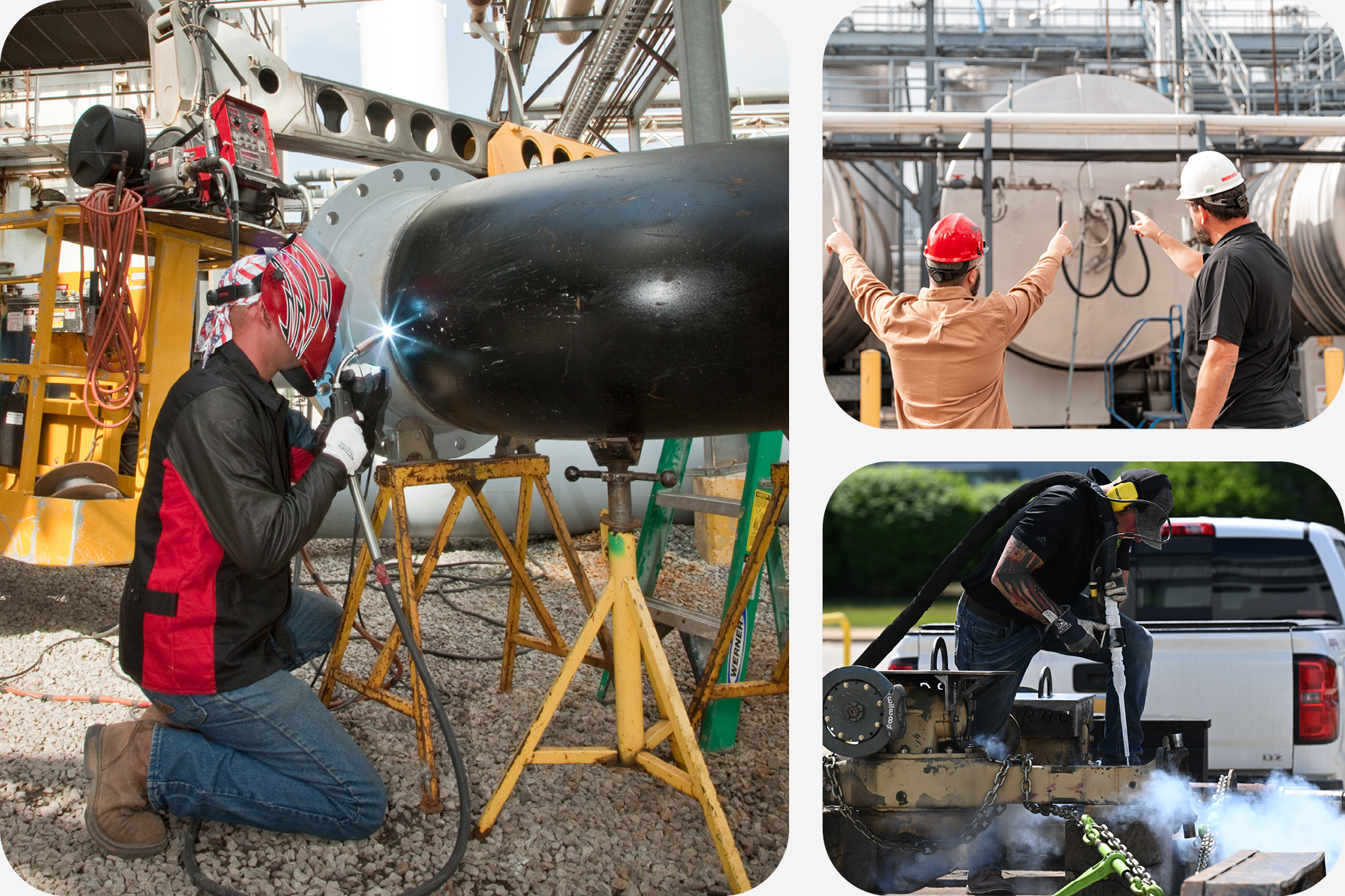 A collage showcasing welding and dry ice blasting techniques, highlighting the diversity and skill involved in the welding process