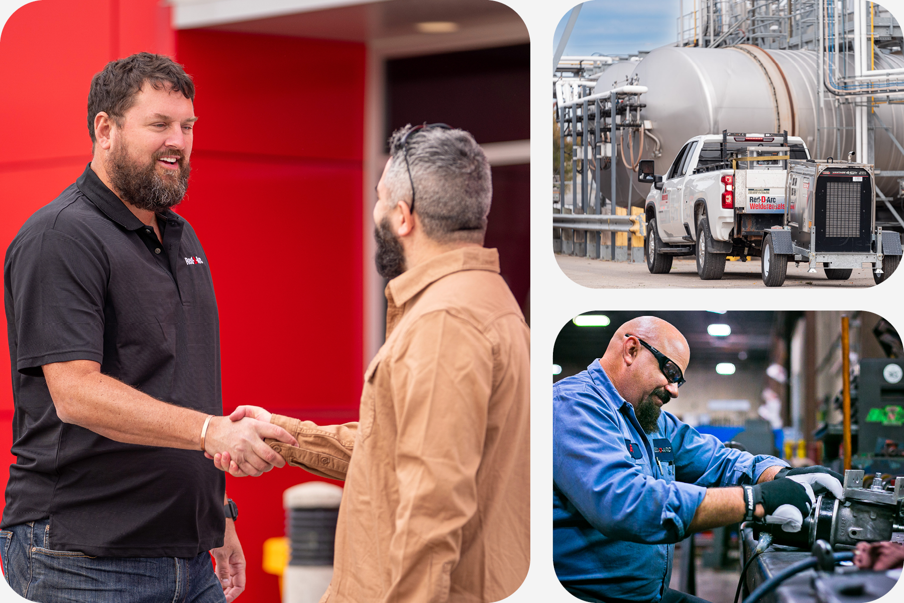 A collage of a handshake between an employee and customer, alongside welding equipment delivery and a weld automation specialist at work