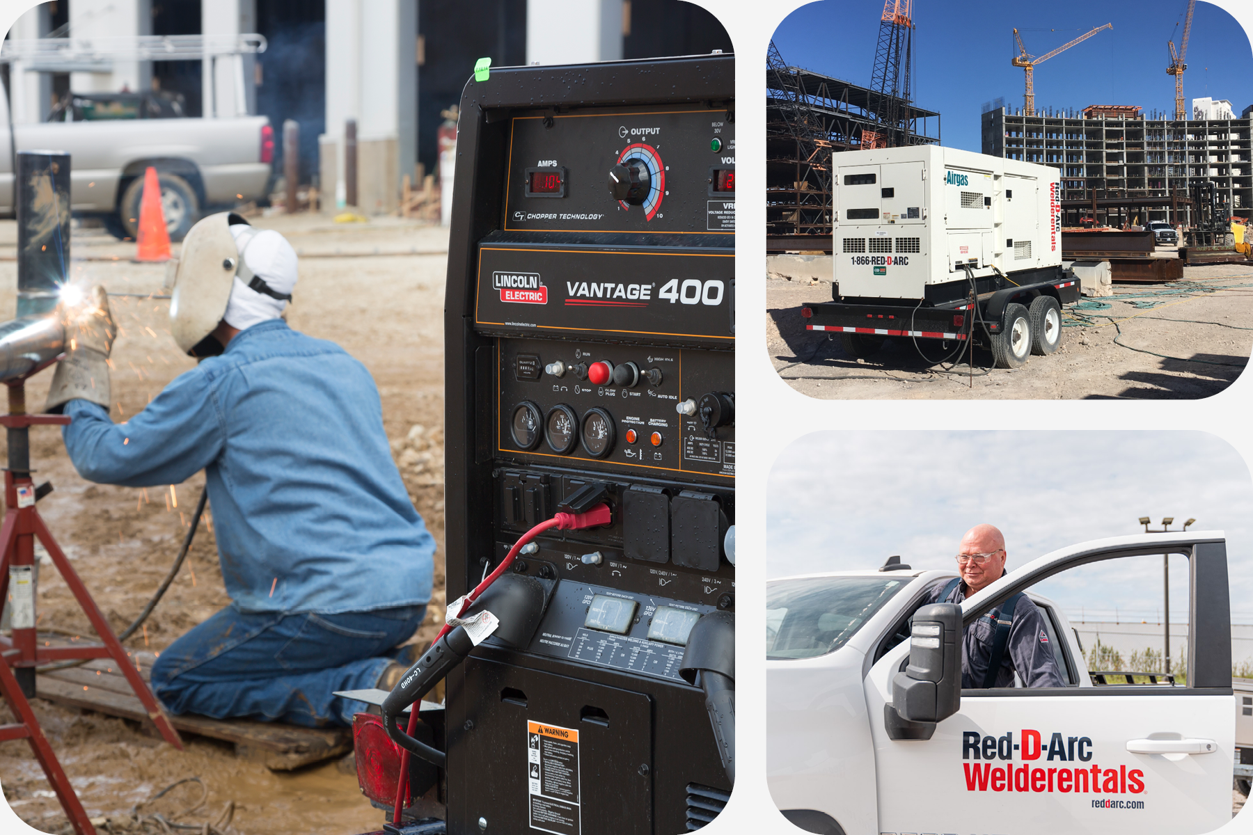 A collage featuring a man welding, a power generator at a job site, and an employee entering a company truck
