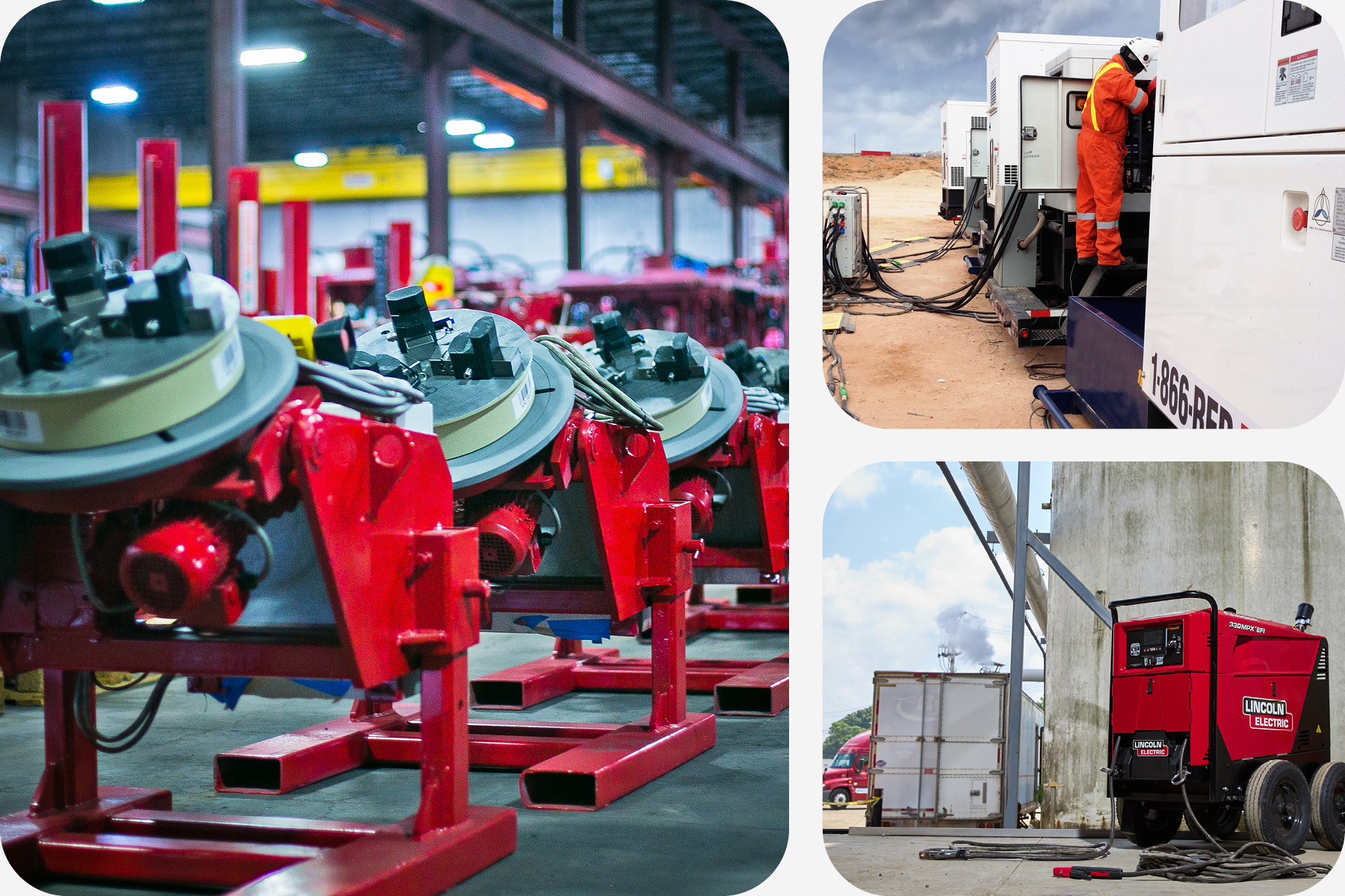 A collage showcasing various equipment, including welding positioners in a warehouse, and a power generator and welder on different jobsites