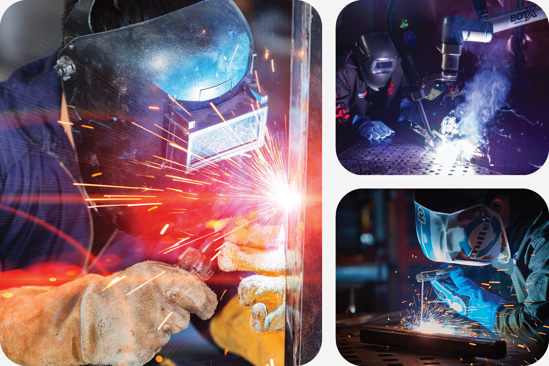 Display of various welding techniques and equipment, including MIG, stick, and cobot welding, in a professional setting