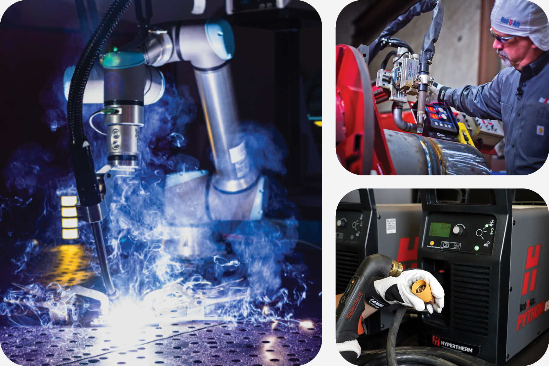 A collection of equipment including cobot welding, weld automation, and plasma cutter cartridge replacement