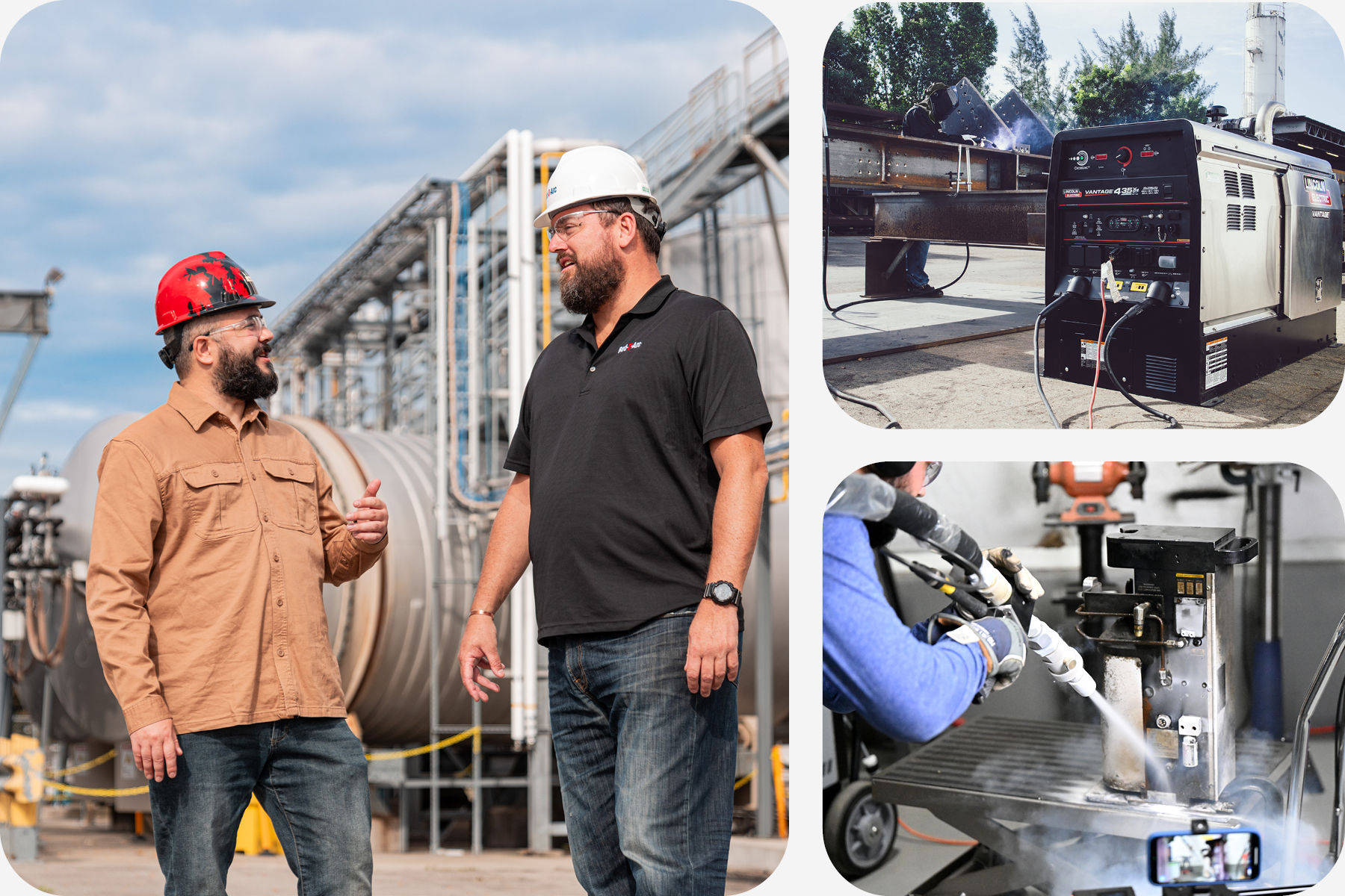 A collage of three photos showing welders operating different types of welding and dry ice blasting equipment