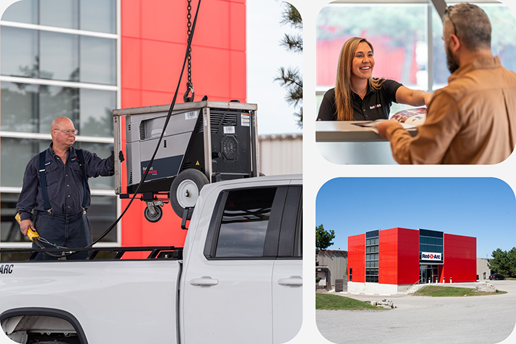 A collection of images including a warehouse worker preparing an equipment delivery, a sales employee helping a customer, and an outdoor shot of the Ontario Rental Centre